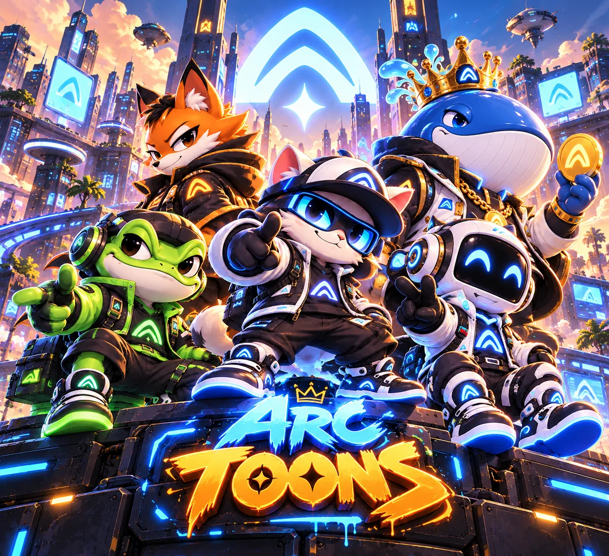 The Toons together — fox, frog, cat, robot and whale overlooking Toon City